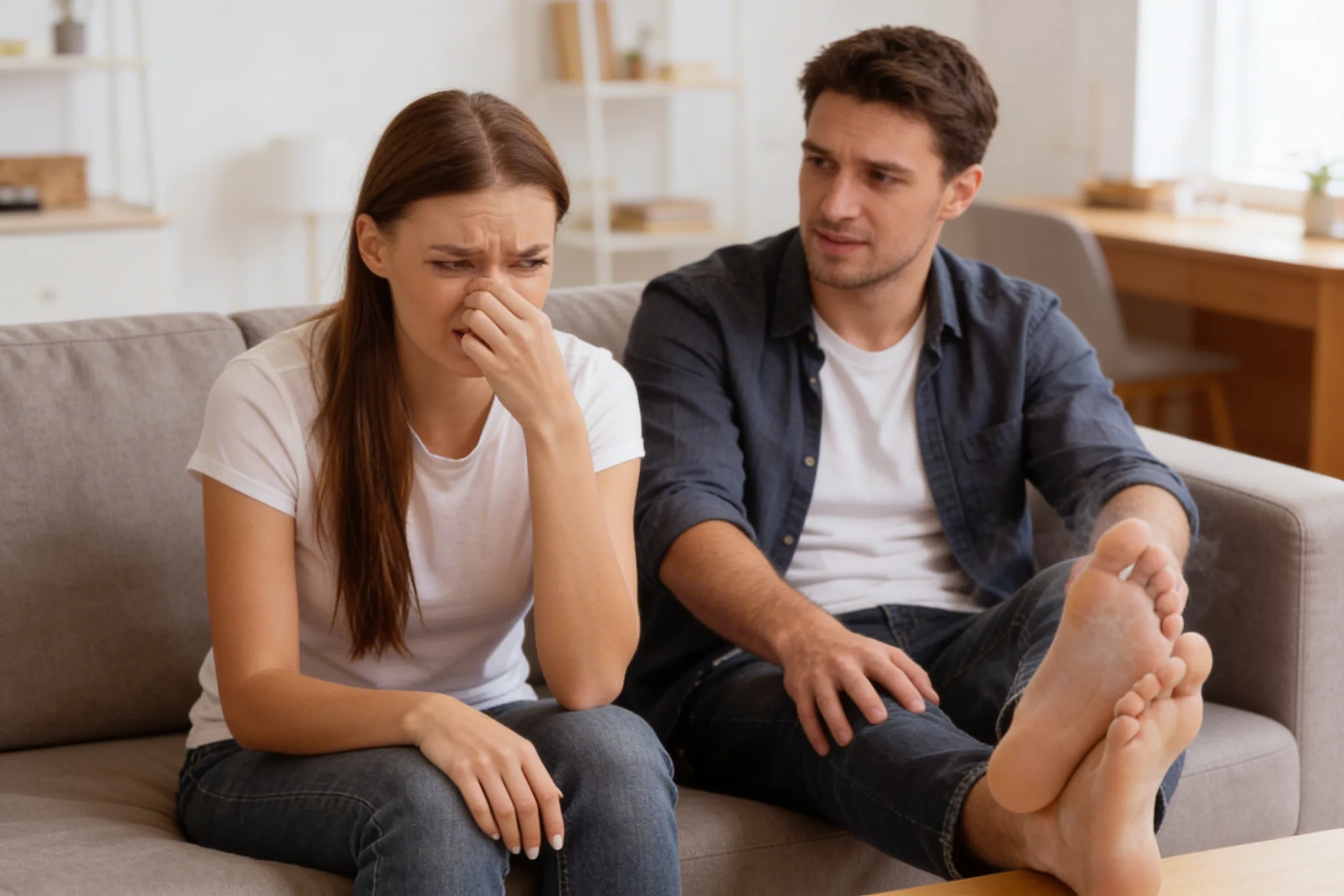 Geruchsbelästigung durch Schweißfüße bei einem Mann und einer Frau auf der Couch