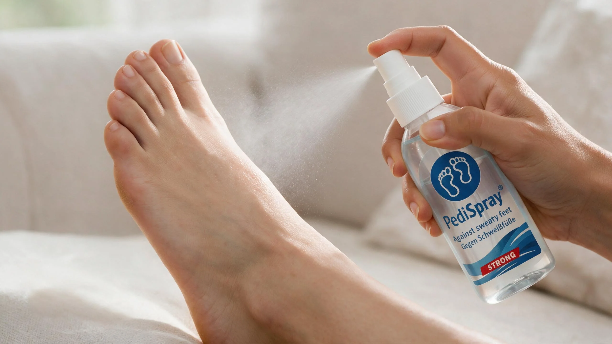 Fußdeodorant oder Antitranspirant PediSpray® Antitranspirant auf saubere, trockene Füße auftragen